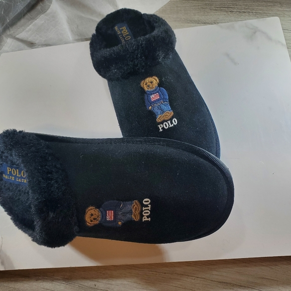 POLO Ralph Lauren Womens Black  Suede Leather American Flag Bear Slippers SZ 9.5 - Picture 9 of 11